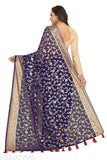 Navy Georgette saree with gold foil print, featuring Latkan detail and a separate art silk blouse