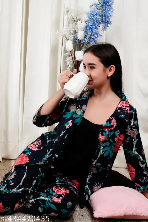 Black Allen India cotton night suit set, three-quarter sleeves, printed pattern on pyjamas style top and bottom. Women's nightwear, India origin