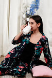 Black Allen India cotton night suit set, three-quarter sleeves, printed pattern on pyjamas style top and bottom. Women's nightwear, India origin