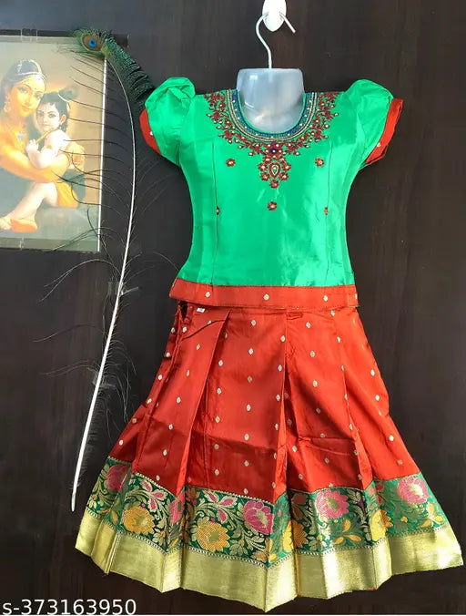 Designer silk ready-made lehenga choli with zari stitch & pattu pavadai, suitable for kids parties & occasions, hand wash/dry clean recommended