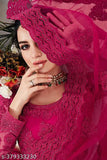 Pink embroidered net lehenga choli and dupatta set, semi-stitched with 44m waist, 42m length, and 2.2m dupatta length, Indian wedding wear on display