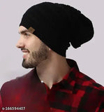 Black wool beanie cap (Pack-1) - Self design, great for outdoor activities and daily wear, unique wrinkled look, suits most outfits, India origin