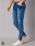 Blue denim slim fit men's stylish jogger for a modern look, sold by Creishtaliyo brand