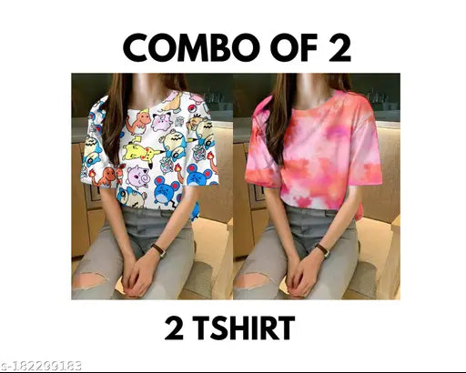 Lycra oversized printed T-shirt combo (2pcs) in trending color combination, great for casual wear with jeans or leggings, India origin