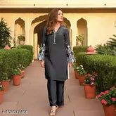 Rayon Fancy Embroidery Kurta set with Palazzos, solid net design, three-quarter sleeves, XS to XL sizes available, made in India