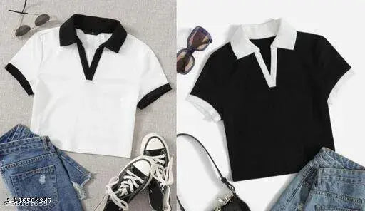 Solid cotton blend women's polo neck T-shirt, short sleeves, solid design, XS - XL sizes