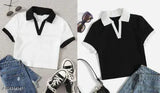 Solid cotton blend women's polo neck T-shirt, short sleeves, solid design, XS - XL sizes