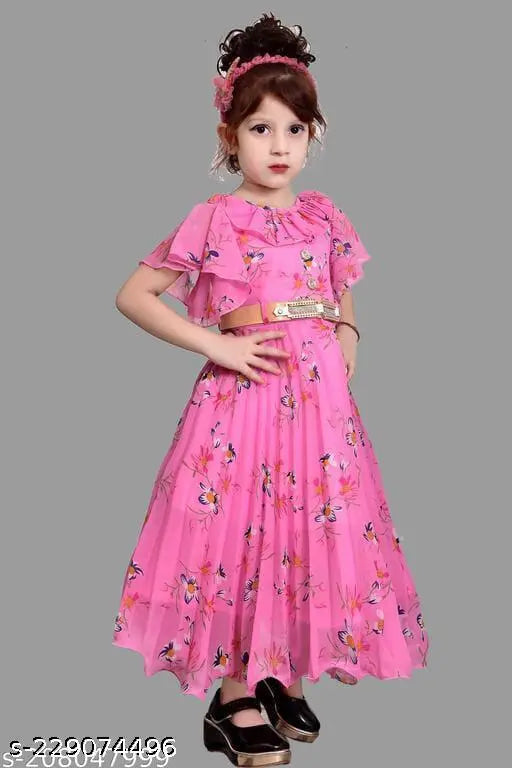 Pink cotton blend ethnic gown for girls, printed net pattern, short sleeves, 4-5 years size