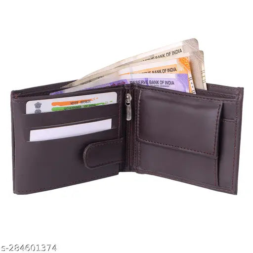 Dark brown, top-grained leather men's wallet with 9 card slots, 2 currency compartments, & secret pockets. Slim, compact yet spacious design for everyday use