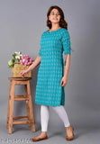 Printed cotton three-quarter sleeve kurti for women, Indian attire on mannequin