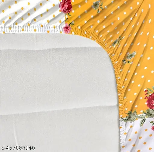 Yellow glace cotton fitted printed king size double bed sheet, superfine quality with 2 pillow covers, fits up to 8 inches mattress (72x78x8 inches) - vibrant floral design, easy home wash
