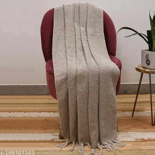 Beige breathable cotton throw, 150cm x 125cm (60 x 50 inches), with tassels - perfect for sofa, bed & couch. 100% soft cotton, multipurpose, lightweight and compact