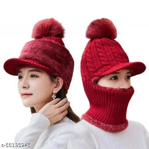 Trendy women's woolen monkey cap & hat combo, snow-proof with visor - soft, warm, and fashionable for winter