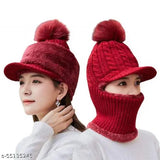 Trendy women's woolen monkey cap & hat combo, snow-proof with visor - soft, warm, and fashionable for winter