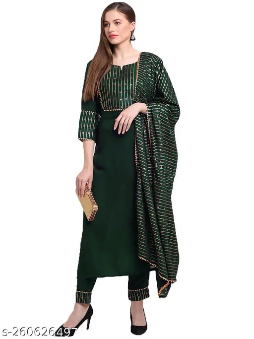 Cotton blend women's kurta pant set with dupatta, solid net pattern, three-quarter sleeves. Indian ethnic wear for sizes S, M, L, XL, XXL