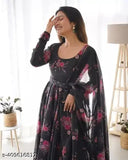 Heavy Georgette printed gown with duppatta set, vibrant Indian bridal wear on mannequin