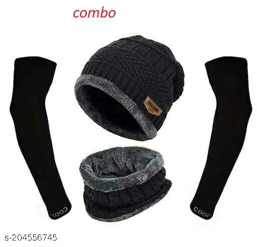Soft wool combo pack of 3: worm neck set & COOL gloves (cap, neck muff, cool hand gloves), protects from winters, trendy balaclava cap pattern with fur inside, one size fits most (Boys, Girls) - India origin