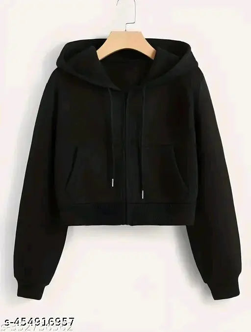 White cotton crop zipper hood, long sleeves, solid pattern for kids' fashion (9-10 to 15-16 years)