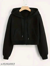 White cotton crop zipper hood, long sleeves, solid pattern for kids' fashion (9-10 to 15-16 years)