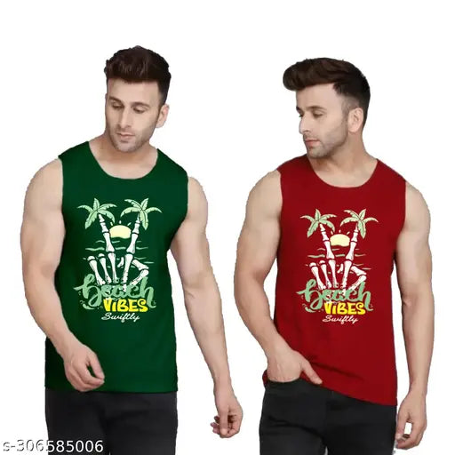 Bottle-maroon Men's Pure Cotton Sleeveless T-shirt with Beach Vibes Print, ideal for gym or casual wear
