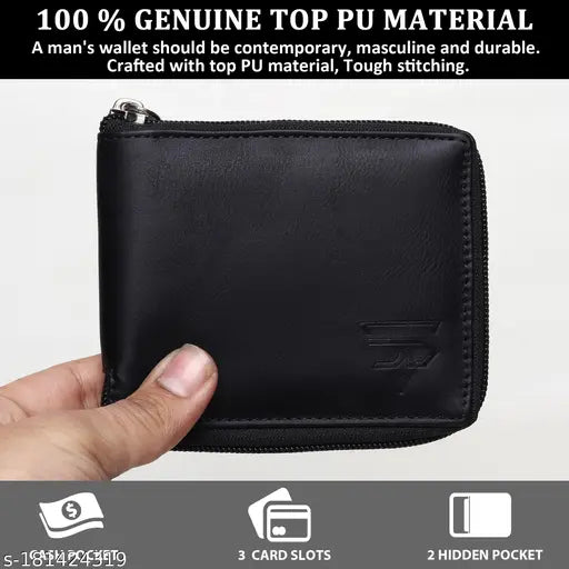 Black faux leather BI Men's wallet, solid design with 2 compartments, perfect for essentials storage