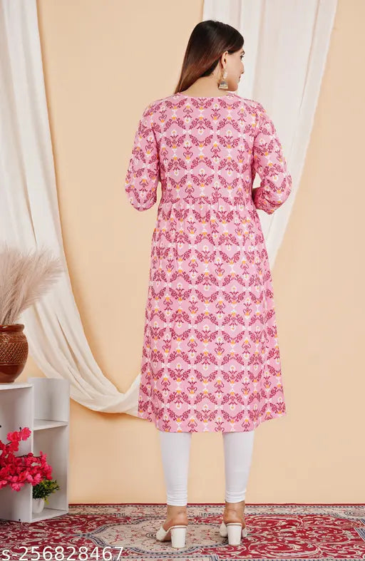 Rayon floral embroidered flared kurta, three-quarter sleeves, Miyanbazaz brand. Indian women's traditional clothing with printed combo