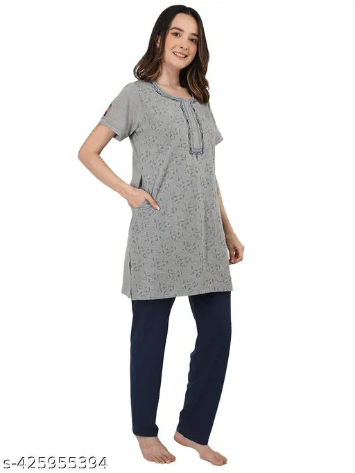 Embroidered long night suit set, cotton blend women's summer wear. Printed pattern, short sleeves, pyjama pockets. Easy-wash poly-cotton fabric. Duchess nightwear for comfortable active and casual wear." (124 characters)