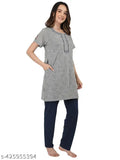 Embroidered long night suit set, cotton blend women's summer wear. Printed pattern, short sleeves, pyjama pockets. Easy-wash poly-cotton fabric. Duchess nightwear for comfortable active and casual wear." (124 characters)