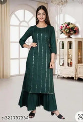 Green Mirrshra Embellished Rayon Kurta with Three-Quarter Sleeves and Bottomwear, single size XXL or XXXL originating from India