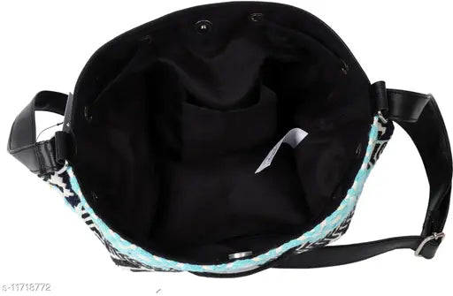 Black canvas slingbag, trendy women's self-design purse, free size with length 14in, width 5in, height 11in, made in India