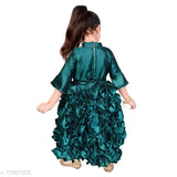 Green silk blend long gown dress for girls party/festive designer embroidery by Hariyal Creation, short sleeves, self-design net pattern