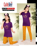 Cotton blend printed night suit & pyjamas for women, short-sleeve T-shirt and long elastic bottom with floral design