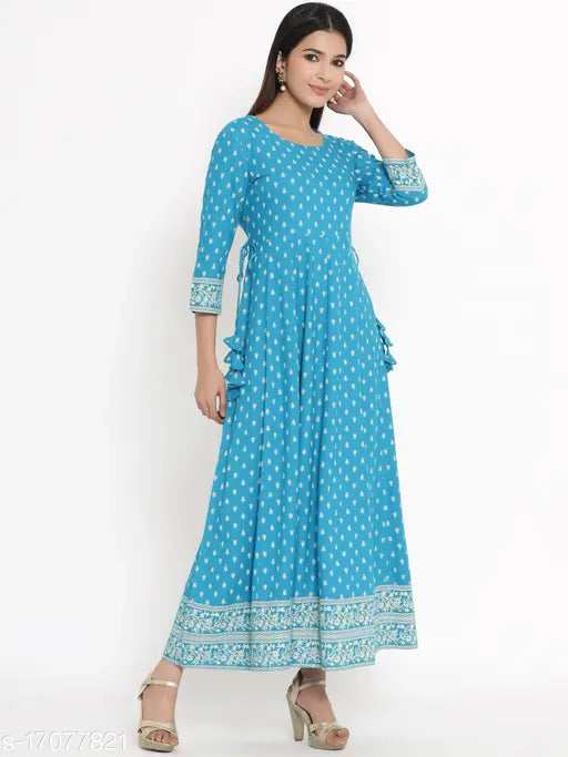 Blue printed rayon Anarkali Kurta with three-quarter sleeves, featuring intricate designs on a women's fashion outfit