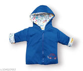 Royal blue cotton reversible hooded jacket for babies, printed net pattern and long sleeves