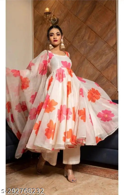 Floral printed Georgette kurta set with cotton blend pants and dupatta, three-quarter sleeves, round neck, ideal for all seasons. Indian-made, available in S-XXL sizes