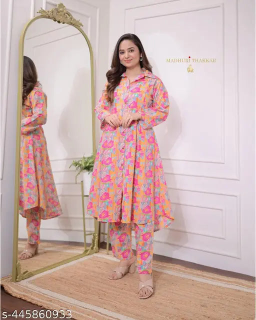 Stylish rayon kurta set for woman with long sleeves and printed net pattern, bottomwear in matching fabric - Indian fashion on mannequin