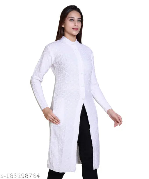 Warm and stylish acrylic-wool cardigan with side pockets, embroidered net pattern, for women's wear. Available in sizes M, L, XL, XXL. Pair with jeans or leggings. Indian origin