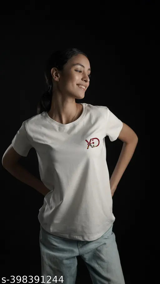 White women's Radio Buds & Blooms tee by Eksdee, premium Lycra cotton, short sleeves, India-made, cruelty-free design