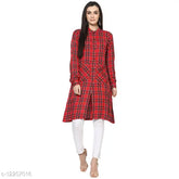 Cotton women's checkered tunic with long sleeves, printed pattern on front pocket - size S