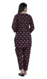 Black cotton P.Buta flower print night suit with three-quarter sleeves, attractive and stylish nightwear for women made of 100% cotton