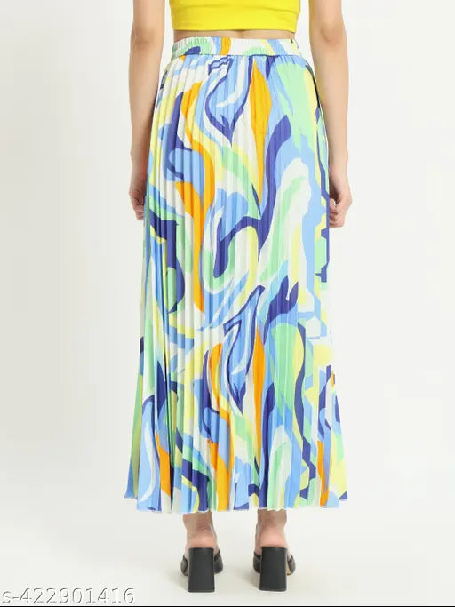 Floral print crepe skirt, elastic waist, pleated A-line design, versatile women's wear for all occasions - size 26, India origin