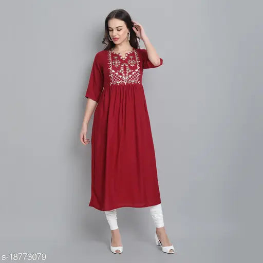 Rayon embroidered kurti with three-quarter sleeves, fashionable Indian attire