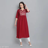 Rayon embroidered kurti with three-quarter sleeves, fashionable Indian attire