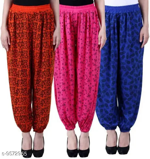 Orange-Pink-Blue Uzmano Harem Pants Set of 3, vibrant printed women's harem pants in various sizes on display