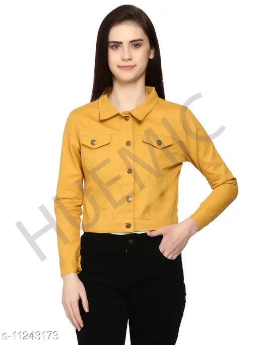 Trendy cotton blend solid denim jacket, long sleeves for women's fashion