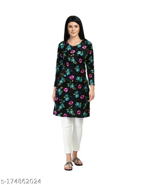 Velvet printed IndiWeaves women's winter kurti - Three-Quarter sleeves, digital floral design, M, L, XL, XXL sizes
