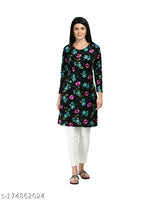 Velvet printed IndiWeaves women's winter kurti - Three-Quarter sleeves, digital floral design, M, L, XL, XXL sizes