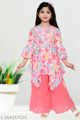 Orange chiffon A-line girls top and palazzos set, printed with vibrant patterns. Size options: 4-5 years, 5-6 years, etc., up to 11-12 years. Made in India