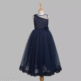 Navy blue embellished net party dress for kids, full length, sleeveless, India origin