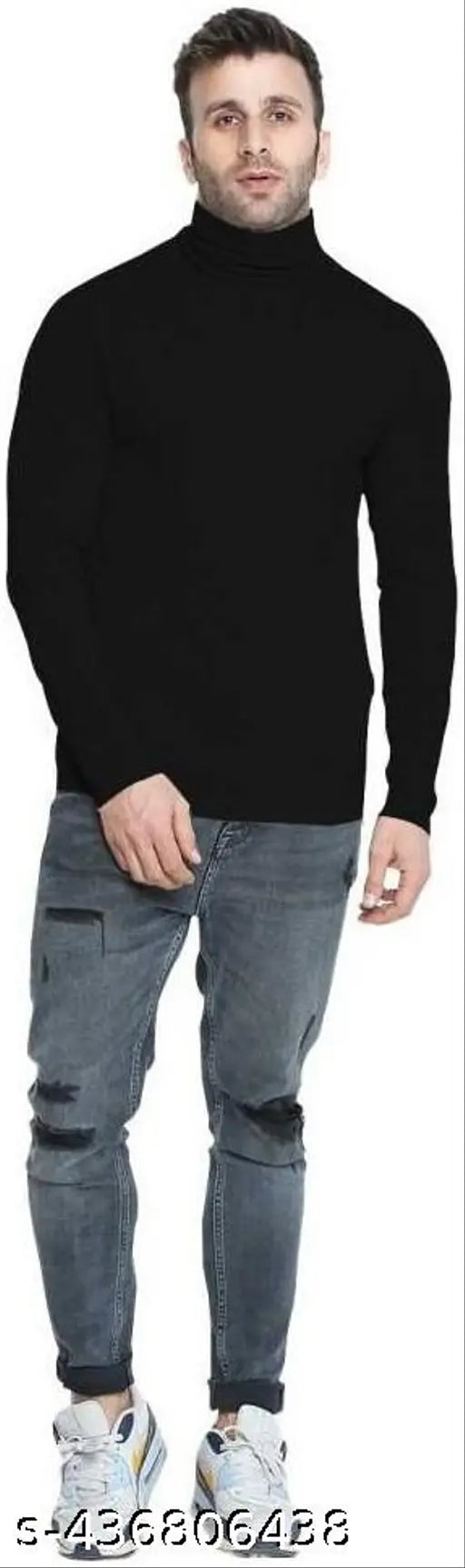 Black cotton high neck t-shirt for men, long sleeves, solid pattern, comfortable fit - GlamStore India